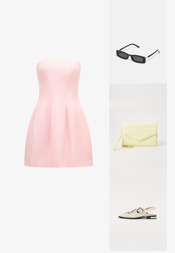 Korsetas be petnešų, pagamintas iš švelnios rožinės medžiagos, su prigludusia korpusu ir raukšlėta sijonu. Lygus paviršius su tvarkingais siūlais.; Balno sandalai, pagaminti iš baltos odos, su keliais plačiais diržais ir sidabro spalvos sagtimis; plokščias padas su mažu juodu kulniuku ir metaliniais akcentais.; Juodos stačiakampės akinių nuo saulės su tamsiais lęšiais, blizgančiais plastikinių rėmų ir auksiniais akcentais ant šventyklų. Minimalistinis dizainas ir elegantiška forma.; Geltona audinė piniginė su užsegimu, nuimamą rankinę juostą ir auksinį akcentą. Lygi tekstūra ir stačiakampis forma.; Aukso auskarai su lygiu, blizgiu paviršiumi. Apvalus dizainas su maža užrakto dalimi ir skaidria atrama saugiam nešiojimui.