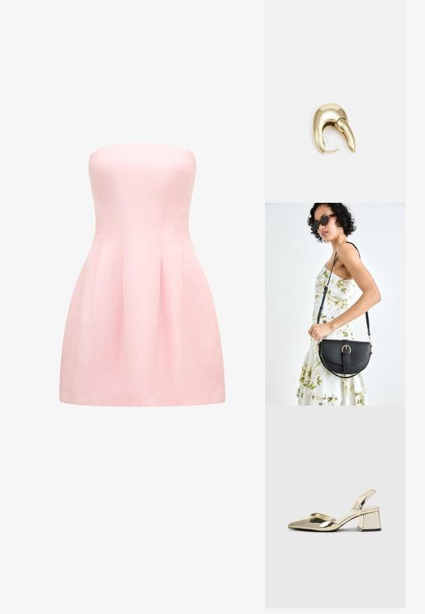 Bezplecu kleita mīkstā rozā audumā, ar piegulošu bodī un drapēta svārka. Gluda tekstūra ar tīriem šuvēm.; Zeltaini, metāla kurpes ar siksniņām, norakans purngalis un masīla papēdis. Gluda tekstūra, minimālisma dizains un šaura siksna.; Melnas ādas rokassoma ar izliekta formu, noņemamu siksnu un zelta aksesuāriem. Somai ir vāciņš ar sprādzes detaļu.; Zeltīti metāla auskari ar gludu, izliekta dizaina. Ar atšķirīgu smailu formu, pulētu virsmu un eņģu aizdari.