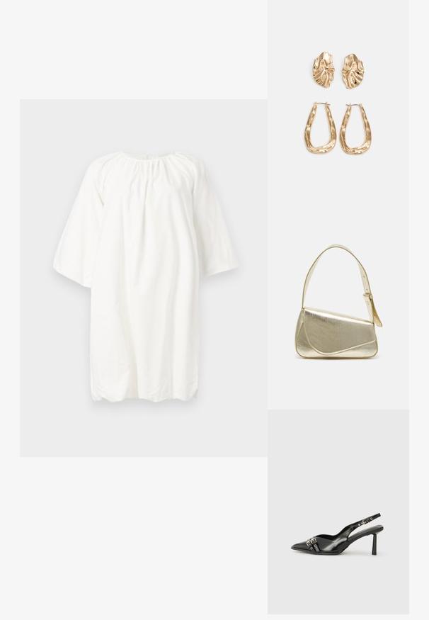 Hvit bomulls kjole med rund hals, trekvart lange ermer og rynket detalj ved halslinjen; løs, enkel design.; Sorte patentlær slingback-sko med spiss tå, ankelremmer med sølvspenner og detaljer, og en slank hæl.; Gullfarget metallisk håndveske med en strukturert design, glatt tekstur og justerbar stropp. Har en unik trekantet form og minimalistisk søm.; Gullfargede øredobber med teksturerte, bølgete former. Inkluderer skulpturelle klipsstuds og åpen hoop-design med en hamret finish.