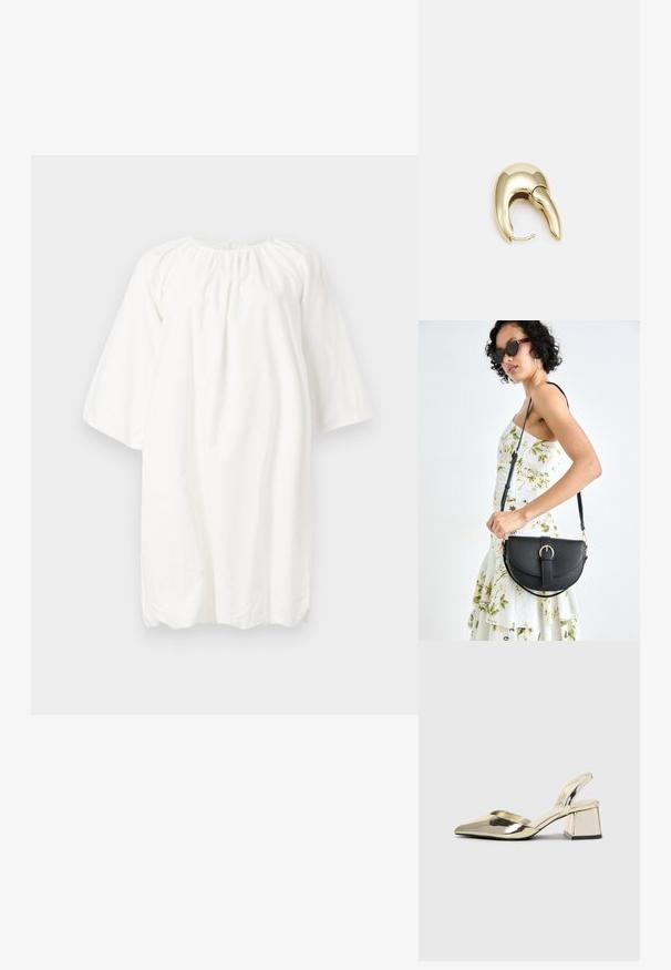 Hvid bomulds kjole med rund halsudskæring, trekvartærmer og samlet detalje ved halsen; løs, simpel design.; Guld, metalliske slingback-hæle med spids tå og kraftig hæl. Glat tekstur, minimalistisk design og en smal strop.; Sort læderhåndtaske med en buet form, aftagelig rem og guldfinish. Tasken har en klap med en spænde detalje.; Guldtonet metal ørering med et slankt, buet design. Har en karakteristisk spids form, poleret overflade og hængselåbning.