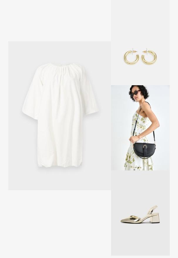 Abito in cotone bianco con scollatura rotonda, maniche a tre quarti e dettagli arricciati alla scollatura; design semplice e fluente.; Tacchi slingback metallici color oro con punta appuntita e tacco grosso. Texture liscia, design minimalista e una cinghia stretta.; Borsa a tracolla nera in pelle con una forma curva, manico rimovibile e accessori dorati. La borsa presenta una patta con un dettaglio a fibbia.; Orecchini a cerchio in oro con una finitura liscia e lucida. Design circolare con un piccolo perno e una chiusura trasparente per un indosso sicuro.