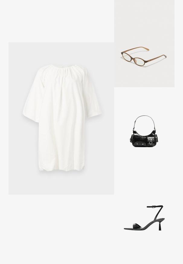 Bela bombažna obleka s krožnim ovratnikom, rokavi do tri četrtine in gubanjem na ovratniku; ohlapen, preprost dizajn.; Bershka Sandali z visoko peto - black; Rjavo želvovina očala z ovalnimi lečami, tankimi ročaji in prosojnimi detajli. Imajo subtilen logo na templetu. Eleganten, lahek dizajn.; Črna lakasta usnjena torbica s ukrivljeno obliko, enim ramenskim trakom, sprednjimi žepi in srebrnimi kovinskimi dodatki.