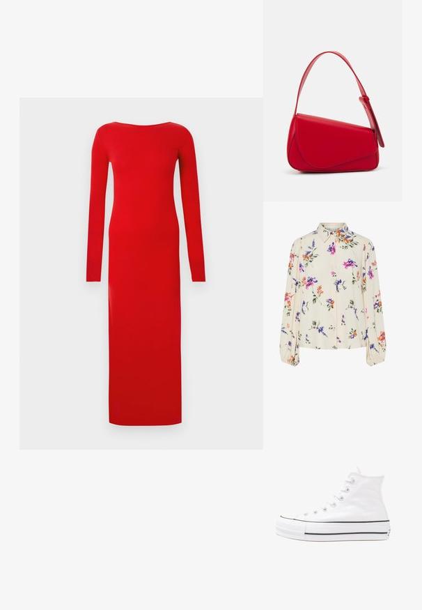 Röd långärmad klänning, figurnära design, rund halsringning, tillverkad av ett mjukt tyg, ankellång med slankt silhuett och minimal detaljering.; Blommig blus med långa puffärmar, ljus krämfärgad bas, med lila, orange och gröna blommönster, samt klassisk krage.; Vit hög topp canvas sneaker med svart gummisulan, framsidan gummitåhätta och sex öglor för snören, med en ren, minimalistisk design.; Röd läderhandväska med en vinkelrät, geometrisk design. Har ett justerbart axelband och en klaffstängning med sydda detaljer.