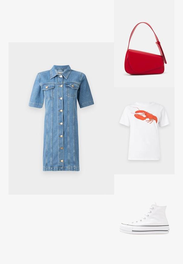 Lys blå denimkjole med korte ermer, knapper foran, to brystlommer og vertikal sømdetaljering. Har rund krage og gullknapper.; Hvit bomull t-skjorte med et stort, lyst rødt hummermotiv på fronten. Korte ermer og standard rund hals-design.; Hvit høy-skinn kanvas sneakers med svart gummisåle, gummitåhette foran og seks hull for snorer, med et rent, minimalistisk design.; Rød lærveske med en vinklet, geometrisk design. Har en enkelt justerbar stropp og en klaffelukking med sydd detaljer.