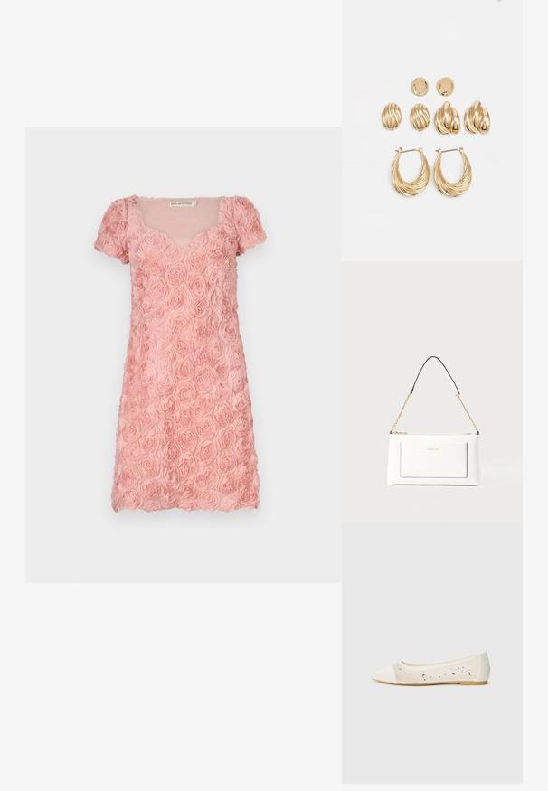 Ida Sjöstedt RUMI DRESS - Vestito elegante - pink; Flat a punta in pelle crema con tomaia trasparente decorata con strass sparsi. Suola morbida per il comfort, design minimalista.; Borsa a tracolla bianca in pelle con un finish testurizzato, dotata di una tracolla in catena dorata e accenti neri. Include una tasca frontale e una chiusura con zip.; Set di orecchini in tono oro che comprende tre paia: orecchini a perno ovali texturizzati, orecchini a perno con design ondulato e grandi orecchini a cerchio con scanalature sovrapposte.