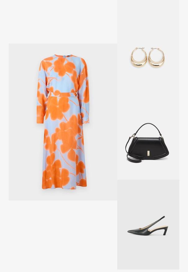Langærmet kjole i lys blå stof med stort orange blomstermønster, bælte i taljen med en metallisk spænde, rund halsudskæring, blød tekstur.; Sorte spidse slingback-sko med en lav hæl, lavet af glat læder og med udskæringer på siden for åndbarhed.; Sort læderhåndtaske med en struktureret design, der har en kortet form, tophåndtag og guld hardware-accenter. Justerbar skulderrem inkluderet.; Guldtonede hoops øreringe med en halvmåneform, poleret overflade og hængsel-lukning. Den glatte tekstur og den reflekterende finish forbedrer synligheden.