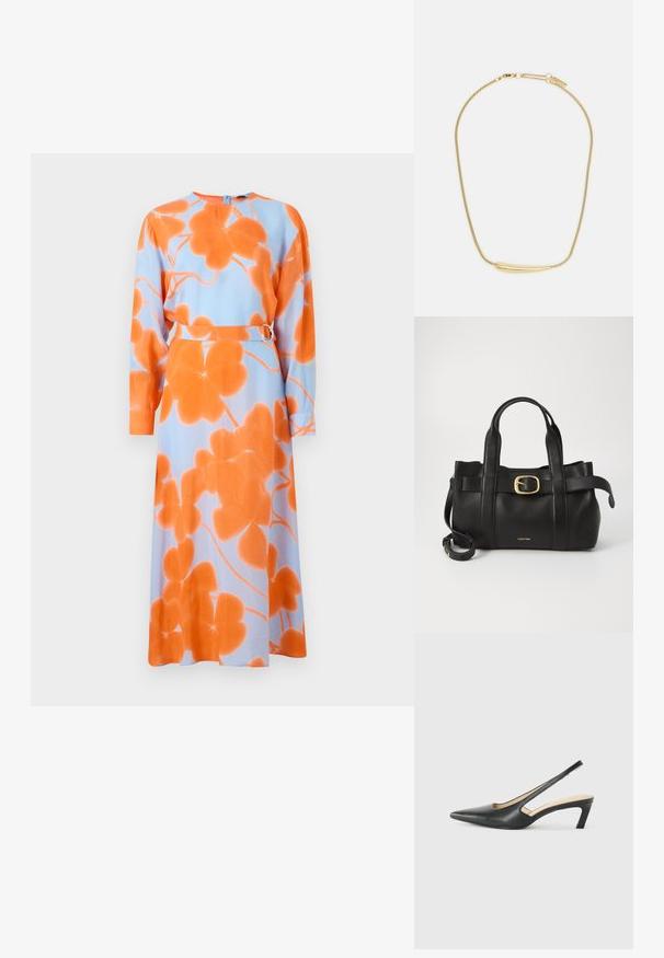 Pikkade varrukatega kleit helesinisest kangast, millel on suured oranžid lillemustrid, mille vöö on pandud metallist pandlaga, ümar kaelus, pehme tekstuur.; Must mustaga, terav varvas, madala kontsaga sildiga king, mis on valmistatud siledast nahast ja mille küljel on lõike disain hingavuse tagamiseks.; Must mustraga nahkakott, millel on struktureeritud disain, kaks ülemist kanda, kuldse tooni pandla aktsent ja esiküljel embosseeritud brändi logo.; Kuldsest metallist kaelakee sujuva, kumerda keskosa. Omab paindlikku ahelat, kus on ka homaariklamber ja täiendavad reguleeritavad ahela lingid.