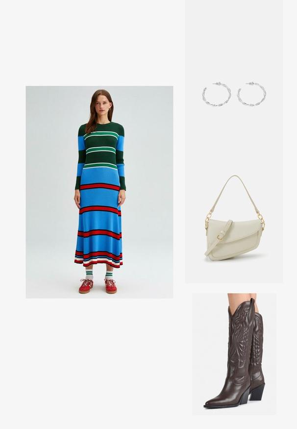 Gebreide jurk met lange mouwen met horizontale strepen in groen, blauw, wit en rood. Strak aansluitende pasvorm met een uitlopende zoom.; Bruine leren cowboylaarzen met een spitse neus en blokhak, voorzien van gedetailleerde stiksels en verhoogde accenten op de schacht.; Kleine crèmekleurige handtas met een textuurafwerking, een lange verstelbare schouderband, een kettingaccent en een klepsluiting. Gouden hardware-details.; Zilveren creolen met een gedraaide ontwerp, voorzien van een gepolijste afwerking en een post-back sluiting. Meet ongeveer 3 cm in diameter.