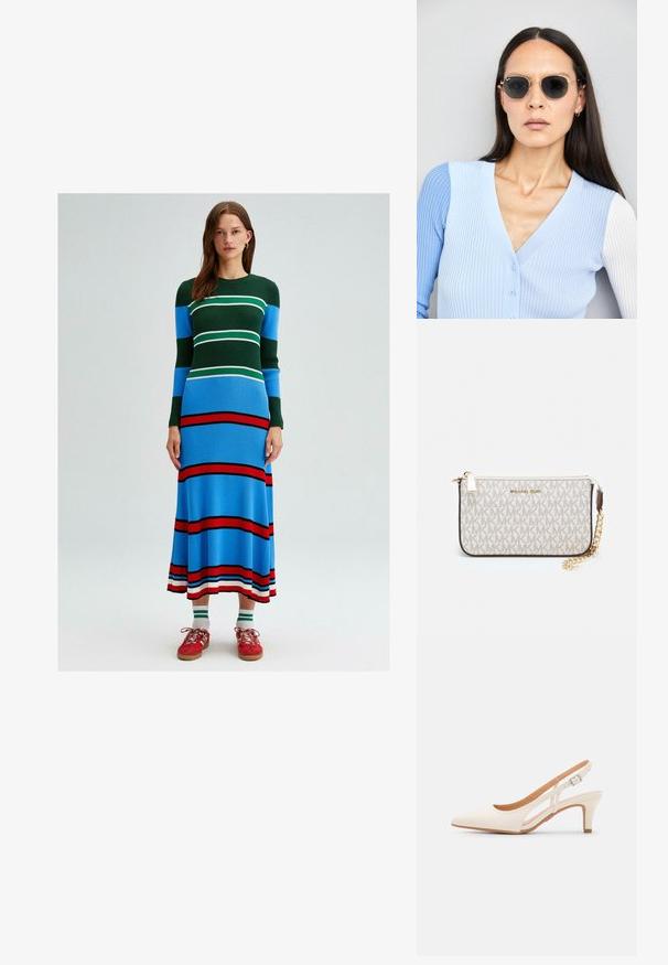 Adīta kleita ar garām piedurknēm, kas rotāta ar horizontālām svītrām zaļā, zilā, baltā un sarkanā krāsā. Piemērota figūrai ar izplešamu maliņu.; Baltas siksniņveida papēdis ar smailu purngalu, gludu augšējo materiālu, zemu blokpapēdi un sānu izgriezumu dizainu ar regulējamu sprādzi.; Apaļas saulesbrilles ar tumšiem objektīviem un zeltītām rāmēm. Modelis valkā gaiši zilu, ribotu kardigānu ar pogām un kontrastējošām baltām piedurknēm.; Michaela Korsa rokassomi bez̦ā īšojuma, kas izgatavota no apklāta kanvas, iekļaujot atkārtotu MK logotipa rakstu, zelta aparatūru un noņemamu ķēdes siksnu.