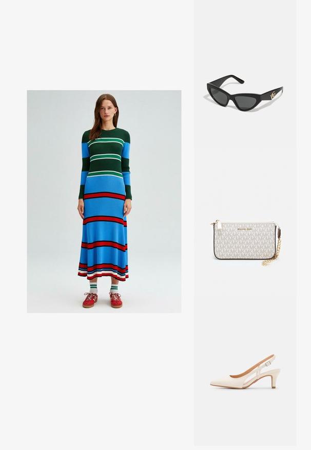 Gebreide jurk met lange mouwen met horizontale strepen in groen, blauw, wit en rood. Strak aansluitende pasvorm met een uitlopende zoom.; Witte slingback hak met een spitse neus, glad bovenmateriaal, lage blokhak en een design met uitsparingen aan de zijkant, voorzien van een verstelbare gespsluiting.; Cat-eye zonnebrillen met een matte zwart plastic frame, donkere lenzen en een gouden logo-accent op de poot. Hoekig ontwerp en een soepele textuur.; Michael Kors polsbandje in beige gecoate canvas met een herhaald MK-logo patroon, gouden hardware en een afneembare kettingriem.