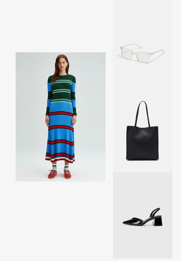 Gebreide jurk met lange mouwen met horizontale strepen in groen, blauw, wit en rood. Strak aansluitende pasvorm met een uitlopende zoom.; Zwarte gepatineerde leren slingback hakken met een spitse neus en een geometrische blokhak. Kenmerkt zich door een slank, minimalistisch ontwerp en een gladde textuur.; Heldere plastic vierkante monturen met doorzichtige glazen, gekenmerkt door gouden accenten op de slapen voor extra detail.; Zwarte leren handtas met een gladde textuur, rechthoekige vorm en twee lange handvaten. Geen zichtbare hardware of versieringen.