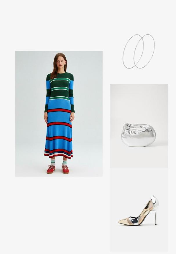 Adīta kleita ar garām piedurknēm, kas rotāta ar horizontālām svītrām zaļā, zilā, baltā un sarkanā krāsā. Piemērota figūrai ar izplešamu maliņu.; Apspīlēta augstpapēžu kurpe ar zeltītu, sudrabi un neitrālu krāsu kombināciju. Spīguļojoša virsma ar izgriezuma dizainu, aprīkota ar stiletto papēdi.; Sudraba metāliska poga somiņa ar mīkstu, noapaļotu formu un mezgla augšējo aizdari. Izgatavota no gludas mākslīgās ādas materiāla.; Sudraba gredzenveida auskari ar minimālistisku dizainu. Cirkulāra forma, gluda tekstūra un plāns profils. Vieglu svaru ar spīdīgu apdari.