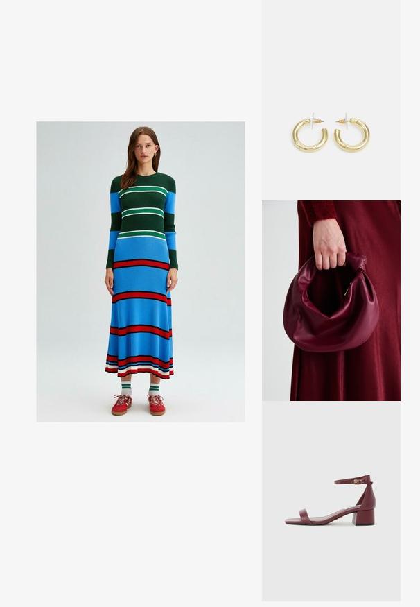 Hosszú ujjú kötött ruha, zöld, kék, fehér és piros vízszintes csíkokkal. Testhezálló fazon, flared alsó szegéllyel.; Burgundi bőr szandál négyzet alakú orral, vékony bokapánttal, arany színű kiegészítőkkel és vastag blokk sarokkal. Sima textúra és minimalista dizájn.; Burgundi bőrtáska puhán ráncolt dizájnnal és kerek alakban. A fogantyú rögzítve van, sima textúrával rendelkezik.; Arany fülbevalók sima, fényes felülettel. Kör alakú dizájn, amely kis kapoccsal és átlátszó tartozékkal rendelkezik a biztonságos viselés érdekében.