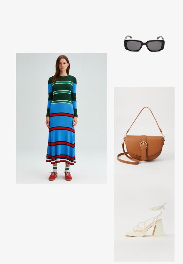 Dzianinowa sukienka z długimi rękawami, z poziomymi paskami w kolorach zielonym, niebieskim, białym i czerwonym. Dopasowany krój z rozszerzaną linią hem.; Biała sandał na wysokim obcasie z masywnym słupkiem, z paskowym wzorem i wiązaniem przy kostce. Gładka faktura z platformą z przodu dla dodatkowej wysokości.; Czarne prostokątne okulary przeciwsłoneczne z ciemnymi soczewkami, gładką plastikową ramką i wygiętymi zausznikami. Projekt jest masywny, o minimalistycznej estetyce.; Brązowa skórzana torba na ramię o zaokrąglonym kształcie, ze złotymi akcentami i zapięciem w formie klamry. Posiada odpinany pasek na ramię.