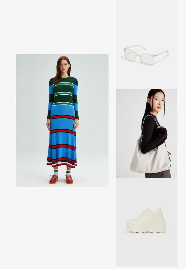 Pletené šaty s dlouhými rukávy a horizontálními pruhy v zelené, modré, bílé a červené barvě. Přiléhavý střih s rozšířeným lemem.; Bílé platformové tenisky s hladkým svrškem podobným kůži, zaobleným tvarem, polstrovaným límcem a texturovanou gumovou podrážkou s vyznačenými vzory.; Průhledné plastové brýle čtvercového rámečku s průsvitnými čočkami, které mají zlaté akcenty na spáncích pro zvýraznění detailů.; Beige kabelka vyrobená z měkkého materiálu, s volným designem, prošívanými detaily a dvěma ramenními popruhy. Vhodná pro každodenní použití.