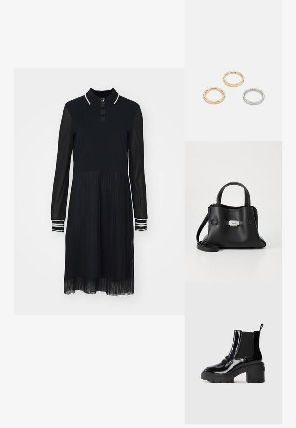 Fekete ruha póló kollárral, hosszú áttetsző ujjal és réteges hálós szoknyával. Gombos záródással és csíkos ujjbetevőkkel rendelkezik.; Fekete lakk bokacsizma vastag sarkakkal, elasztikus oldalsó panelekkel, díszítő pánttal és kontrasztos varrással. Sima textúra fényes felülettel.; Fekete bőr kézitáska struktúrált felülettel, két felső fogantyúval, levehető vállpánttal és ezüst színű csattal.; Három fémgyűrű: az egyik rose gold, a másik texturált akcentusokkal ellátott arany, a harmadik pedig ezüst, mindegyiken gravírozott márkajelzés található a belső sávon.
