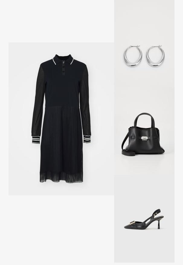 Černé šaty s pólo límečkem, dlouhými průhlednými rukávy a vrstvenou síťovanou sukní. Obsahují zapínání na knoflíky a pruhované akcenty na rukávech.; Černá kožená slingback obuv s špičatou špičkou, štíhlým podpatkem a akcenty zlaté barvy na vředu. Hladká textura a strukturovaný design.; Černá kožená kabelka s texturovaným povrchem, vybavená dvěma horními uchy, odnímatelným ramenním popruhem a stříbrným detailem s uzávěrem.; Pár leštěných stříbrných půlměsíčních náušnic s kloubovými sponami na bílém pozadí.