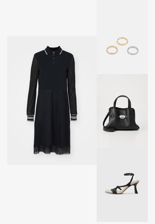 Mustavääriline kleit polo krae, pikad läbipaistvad varrukad ja kihiline võrkküpsetis. Omab nööpide sulgemist ja triibulisi varruka aktsente.; Mustad musta kontsaga sandaal, millel on punutud rihma disain, ruudukujuline varvas ja reguleeritav pahkluu rihm. Heleda beeži värvi jalapadi ja läikiv must konts.; Mustmust kott, millel on tekstuuriga viimistlus, sisaldab kahte ülemist kättehaaret, eemaldatavat õlarihma ja hõbedast luku detaili.; Kolme metallist rõngast: üks roosa kuld, üks kuld tekstuursete aktsentidega ja üks hõbe, kõik sisepoolt graveeritud brändinguga.
