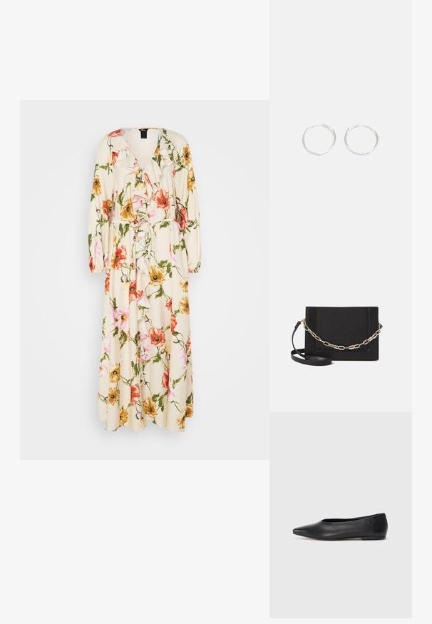 Kremveida ziedu apģērbs, kurā redzami rozā, oranži un dzelteni ziedi. Rufu kakla izgriezums, garas piedurknes un saitēta jostas detaļa.; Melna ādas baleta kurpe, ar norādītu purngalu, minimālisma dizains, gluda tekstūra, zema papēža augstums, bez redzamiem aksesuāriem vai rotājumiem.; Melna ādas crossbody soma ar gludu faktūru, taisnstūrveida formu un metalizētu ķēdes detaļu priekšā. Iekļauta regulējama siksna.; Sudraba riņķa auskari ar elegantu, apaļu dizainu, kas izceļas ar gludu virsmu un bez redzamām rotājumām. Diametrs netiek norādīts.