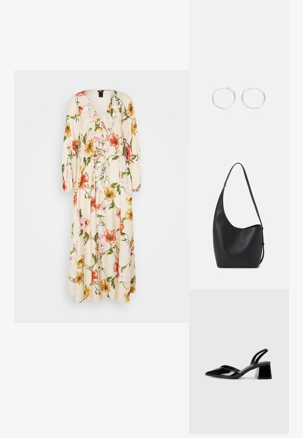 Virágmintás ruha krém színben, rózsaszín, narancssárga és sárga virágokkal. Részletezett, fodros nyak, hosszú ujjú és megkötős derék.; Fekete lakk bőr szandálkés magas sarkú cipő, hegyes orral és geometrikus tömbsarkakkal. Karcsú, minimalista dizájn és sima textúra jellemzi.; Fekete bőr hobo táska sima textúrával, ívelt formával és egyetlen állítható pánttal; széles nyílás található a tetején.; Ezüst karika fülbevalók, letisztult, kerek formával, sima felülettel és látható díszítés nélkül. A átmérő nem megadott.