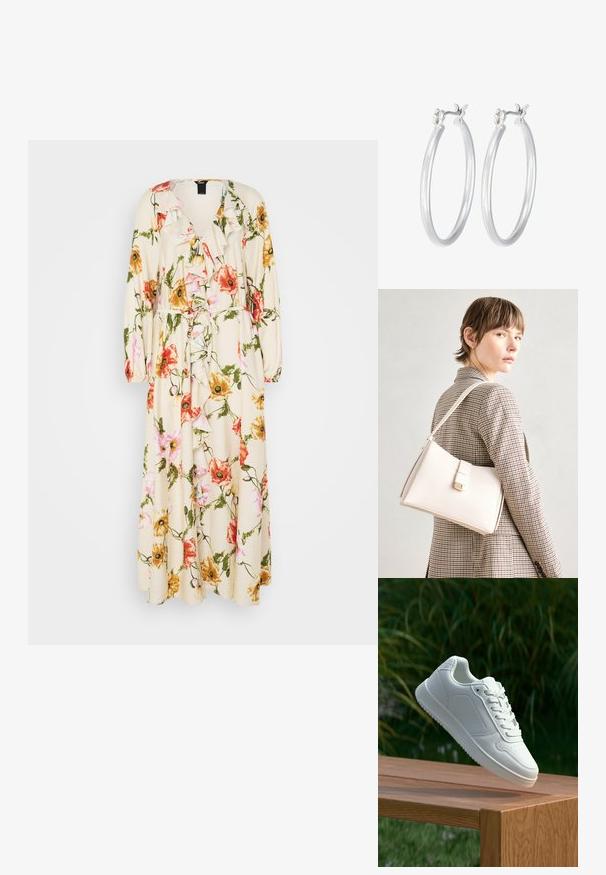 Kreemikarva lilleline kleit, millel on roosa, oranž ja kollane lillemuster. Narmastega kaelus, pikad varrukad ja seotud vöödetail.; Valged sneakerd, millel on sile sünteetiline ülemine osa, väikeste aukudega varvaskast, lamedad paelad ja tekstuuriga tald, eksponeeritud puidust pinnal.; Valge nahast käekott struktureeritud disainiga, millel on magnetlukk ja õlavarre rihm, esitletud neutraalse tausta ees.; Hõbedased rõngaskõrvarõngad, millel on sile, läikiv viimistlus. Ümmargune kuju ja turvaline klõpsulatus. Kerge disain, sobib igapäevaseks kandmiseks.