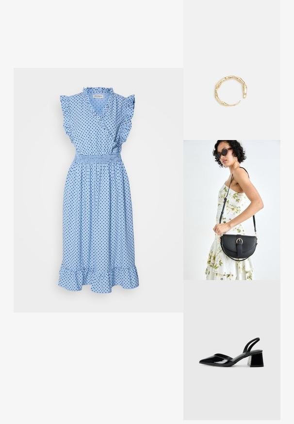 Svetlo modra obleka s črnimi pikami, z nabranimi rokavi, elastičnim pasom in razširjenim robom. Narejena iz mehkega, lahkega materiala.; Črne lakirane slingback pete s koničastim nosom in geometrijsko blokasto peto. Imajo eleganten, minimalističen dizajn in gladko teksturo.; Črna usnjena torbica s ukrivljeno obliko, z odstranljivo naramnico in zlatimi dodatki. Torbica ima pokrov s podrobnostmi v obliki zaponke.; Zlati prstan s organskim, zvitim dizajnom, gladko površino in taperiranimi konci, ki ustvarja modernega, skulpturalnega videza.