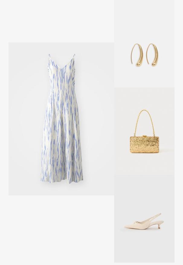Bezrukávové midi šaty s výstrihom do V, vyrobené z textúrnej bielej látky s modrými vertikálnymi pruhmi, s rozšíreným strihom.; Súkne s pootočeným prstom v off-white koži, s malou mašľou a nízkym kitten podpätkom. Hladká textúra, minimalistický dizajn.; Zlatá flitrová listová taška s obdĺžnikovým tvarom, vybavená skrúteným reťazovým držadlom a kovovým uzatváraním, odrážajúca svetlo s textúrovaným povrchom.; Náušnice vo forme zlatých kovových kruhov s zakriveným, predĺženým tvarom. Majú hladký, lesklý povrch a zaoblený koniec pre pridanie detailu.
