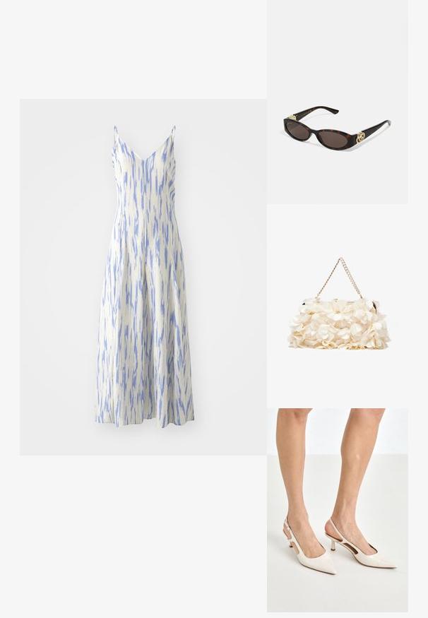 Ärm-lös midiklänning med V-hals, tillverkad av ett texturerat vitt tyg mönstrat med blå vertikala ränder, utsvängd silhuett.; Beige lackläder slingbackklackar med spetsig tå och 5 cm klack, med utskurna sidor och ett tunt ankelband.; Sköldpaddsformade solglasögon med avlånga ovala linser, brunt toning, guldfärgade logotypdetaljer på skalmarna och slanka svarta skaft.; Vit blommig handväska med en rynkad tygöverflata, guldfärgad kedjeslips och metallspänne. Har strukturerade blad för extra detalj.