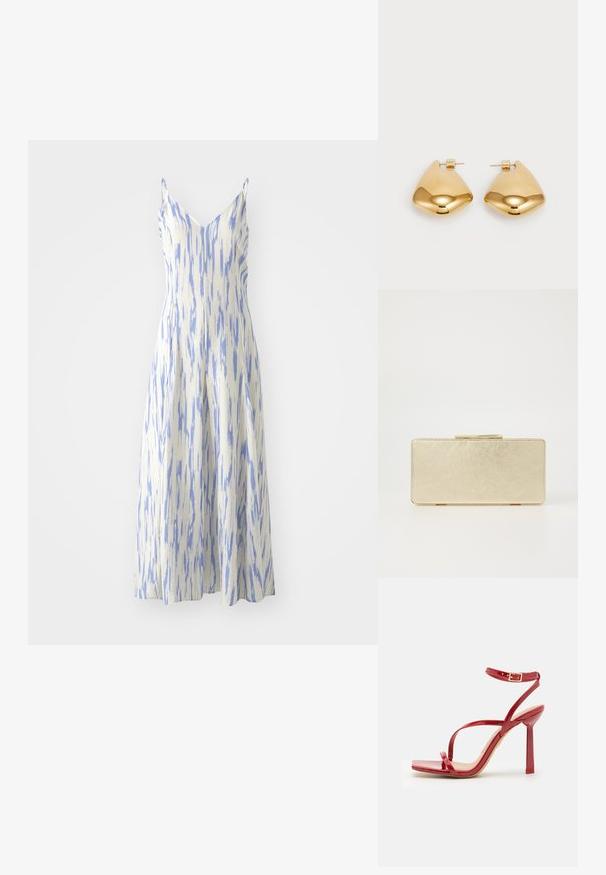 Rochie midi fără mâneci, cu decolteu în V, realizată dintr-un material alb texturat, cu dungi verticale albastre, având o siluetă evazată.; ALDO SCINTILLA - Sandale cu toc - red; Plică de mână aurie cu un finisaj metalic neted, formă rectangulară și un sistem de închidere simplu. Fără modele sau decorațiuni vizibile.; Cercei din metal de culoare aurie, cu o formă triangulară rotunjită și un design cu prindere pe spate; suprafață reflectorizantă cu detalii minime.