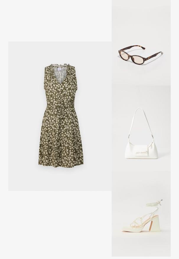 GAP ZEN EWAIST - Freizeitkleid - olive floral; Weiße High-Heel-Sandale mit einem klobigen Absatz, die über ein Riemchendesign und ein Knöchelband verfügt. Glatte Textur mit einer Plattform vorne für zusätzliche Höhe.; Schildkrötenmuster Sonnenbrille mit runder Form und leichten Gläsern. Verfügt über stabile Bügel mit kleinen goldenen Akzenten, hergestellt aus Kunststoff.; Weiße synthetische Handtasche in dreieckiger Form, flache Vorderklappe und Schleifendetail, verstellbarer Trageriemen, glatte Textur und minimalistisches Design.