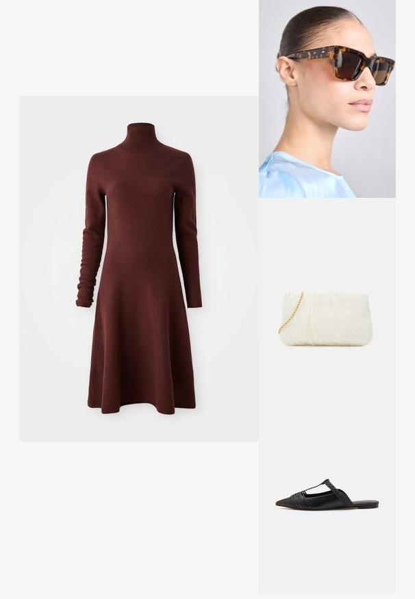 Hosszú ujjú, magas nyakú, bordó kötött ruha, flare szoknyával, fehér háttér előtt bemutatva.; Fekete bőr slingback cipő hegyes orral, szőtt díszítéssel és redőzött felső dizájnnal. Lapos talp minimális hardverrel.; Tortakártyás napszemüveg vastag, téglalap alakú kerettel. Sötét lencsék és arany színű díszítések a szárakon. Simító, fényes felület.; Fehér, textúrált kistáska gyűrött dizájnnal, arany lánc pánttal. Simító felület finom hullámokkal és lekerekített élekkel.; Ezüst gyöngy fülbevalók, ívelt, bab forma. Simább, fényes felület és rögzített kapocs és hátlap.