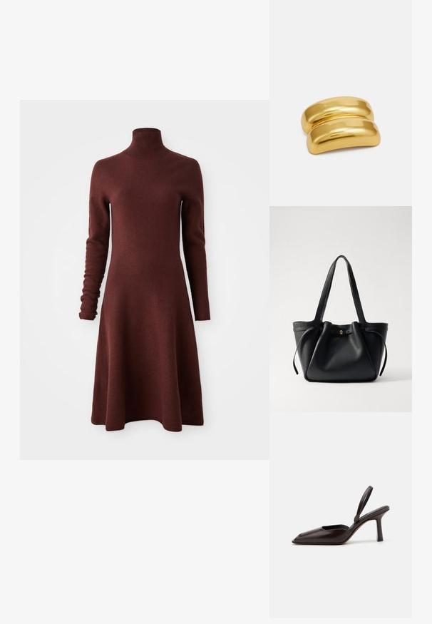 Hosszú ujjú, magas nyakú, bordó kötött ruha, flare szoknyával, fehér háttér előtt bemutatva.; Barna lakkbőr slingback magassarkú cipő hegyes orral és vékony, magas sarkúval. Elegáns dizájn és sima felület jellemzi.; Fekete bőrtáska két hosszú pánttal, összehúzott tetejével és arany kör alakú díszítéssel. Sima felület, minimalista design.; Arany színű fém hajcsat, sima, lekerekített formával. A felszíne fényes, összekapcsolt, ívelt formát mutat, díszítések nélkül.