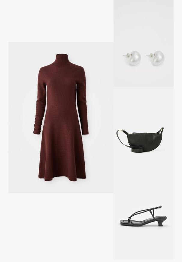Sukienka z długim rękawem, z wysokim kołnierzem, w kolorze burgundowym, dzianinowa, z rozkloszowanym dołem, wyeksponowana na białym tle.; Czarne skórzane sandały z cienkimi paskami, niskim blokowym obcasem i kwadratowym noskiem. Posiadają zapięcie na klamrę i gładką teksturę.; Czarna skórzana torba na ramię w kształcie półksiężyca, o teksturowanej powierzchni, ze złotym zamkiem błyskawicznym i płaskim paskiem. Kompaktowy design odpowiedni na najważniejsze rzeczy.; Srebrne kolczyki perłowe w zakrzywionym, fasolowym kształcie. Gładka, błyszcząca powierzchnia, z zamknięciem na stalowy szpikulec i zatyczkę.