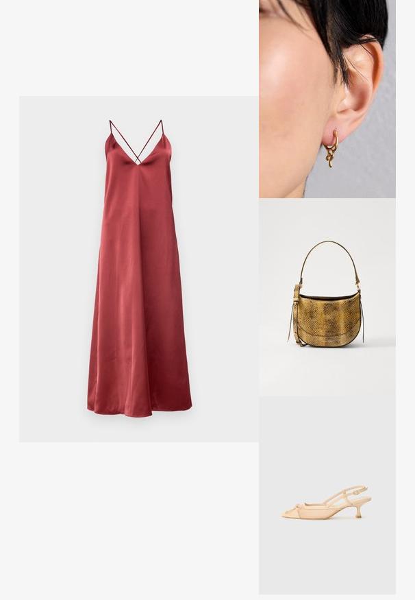 Robe sans manches en satin bordeaux avec décolleté en V profond. Présente de fines bretelles croisées, une silhouette fluide et une texture lisse.; Stuart Weitzman KITTY - Escarpins - beige/barely beige; Vanessa Bruno MINI DAILY BAG - Sac bandoulière - camel; Boucle d'oreille en or avec un design organique et fluide, présentant des accents texturés et une finition lisse, portée sur une oreille percée.