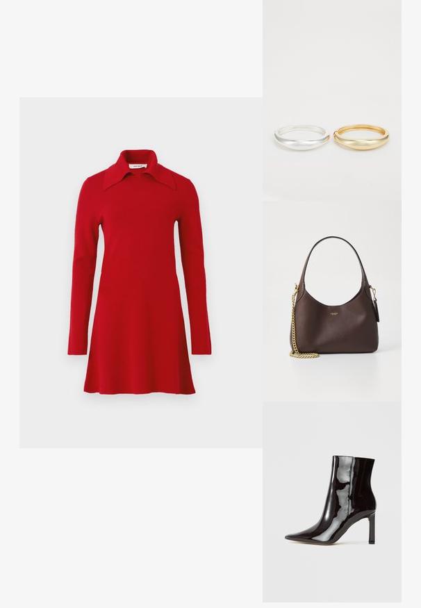 Duga rukava crvena pletena haljina s širokim šiljastim ovratnikom, raširenim rubom i jednostavnim dizajnom, prikazana na jednostavnoj pozadini.; Crne lakirane kožne gležnjače s uskim vrhom i elegantnom siluetom. Imaju stiklu i glatku teksturu.; COACH BROOKLYN SHOULDER BAG 23 - Ručna torba - maple; Zign 2 PACK - Narukvica - gold-coloured/silver-coloured