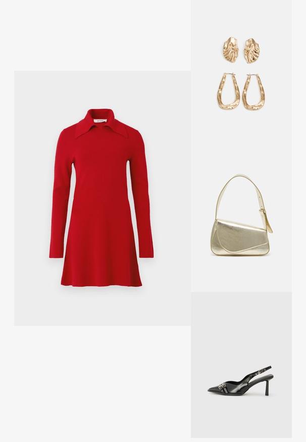 Czerwona dzianinowa sukienka z długim rękawem, szerokim, spiczastym kołnierzem, rozkloszowanym dołem i prostym wzornictwem, wyeksponowana na jednolitym tle.; Czarne lakierowane buty typu slingback z ostrym noskiem, paskami na kostkach z srebrnymi klamrami i elementami metalowymi oraz smukłym obcasem.; Złota metaliczna torebka o strukturalnym designie, gładkiej powierzchni i regulowanym pasku. Charakteryzuje się unikalnym trójkątnym kształtem i minimalistycznym przeszyciem.; Złote kolczyki w odcieniu, prezentujące teksturowane, faliste kształty. Zawierają rzeźbiarskie klipsy i otwarty projekt kółek z młotkowanym wykończeniem.