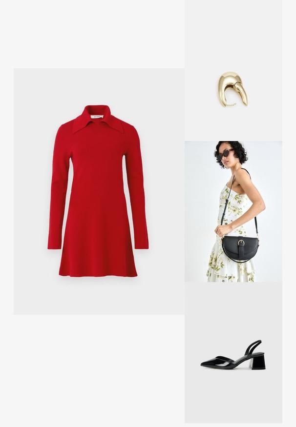 Vestido de punto rojo de manga larga con un amplio cuello puntiagudo, dobladillo acampanado y diseño sencillo, exhibido sobre un fondo liso.; Zapatos de tacón slingback de charol negro con punta afilada y tacón geométrico en bloque. Presentan un diseño elegante y minimalista, así como una textura suave.; Bolso de piel negra con forma curva, correa desmontable y herrajes dorados. El bolso cuenta con una solapa con un detalle de hebilla.; Pendiente de metal en tono dorado con un diseño elegante y curvado. Presenta una forma puntiaguda distintiva, superficie pulida y cierre de bisagra.