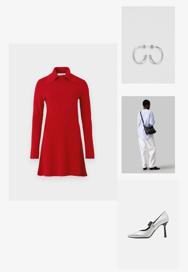 Hosszú ujjú vörös kötött ruha széles hegyes gallérral, harang alakú szegéllyel és egyszerű dizájnnal, sima háttér előtt bemutatva.; Ezüst bőr magassarkú cipő, hegyes orral, fekete szíjjal kiemelve és fényes felülettel, vékony sarkával és elegáns vonalvezetéssel.; Fekete bőr válltáska puha tapintással, háromszög alakú, állítható pánttal, világoskék csíkos inggel és fehér nadrággal párosítva.; Ezüst karika fülbevalók sima, fényes felülettel. Lekerekített forma, könnyű kialakítással, tűs zárómechanizmussal.