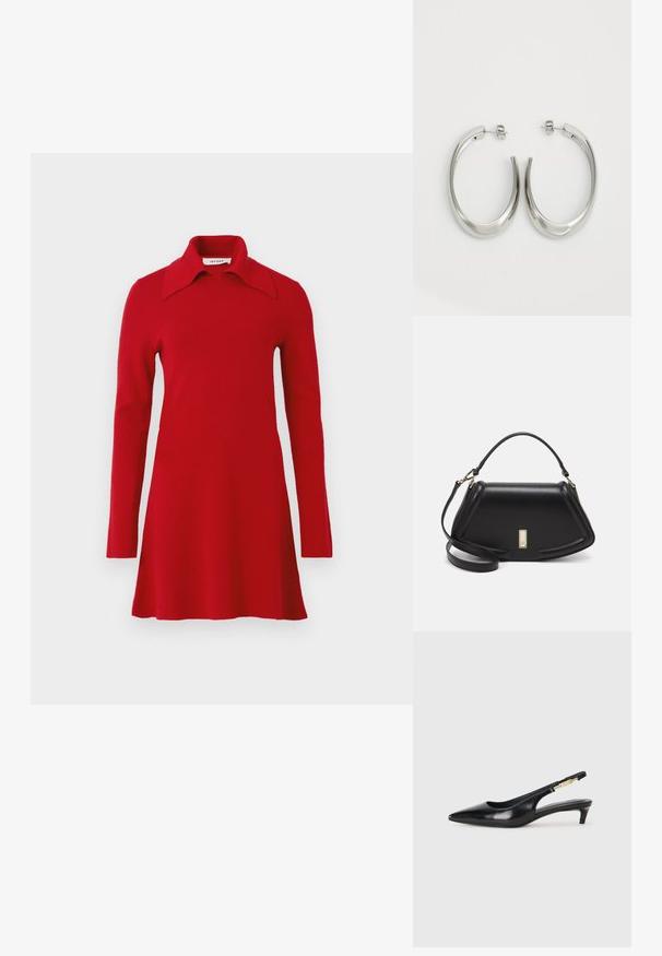 Rode gebreide jurk met lange mouwen, een brede spitse kraag, een uitlopende zoom en een eenvoudig ontwerp, weergegeven tegen een effen achtergrond.; Zwarte leren slingback hakken met een spitse neus, voorzien van een slanke hak en een goudkleurige accent op de verstelbare band. Gladde textuur.; Zwarte leren handtas met een gestructureerd ontwerp, featuring een verkorte vorm, bovenhandvat en gouden hardwareaccent. Inclusief verstelbare schouderband.; Zilveren oorringen met een gladde, gebogen vorm. Voorzien van een glanzende metallic afwerking en studsluiting. Geen zichtbare patronen of accenten.