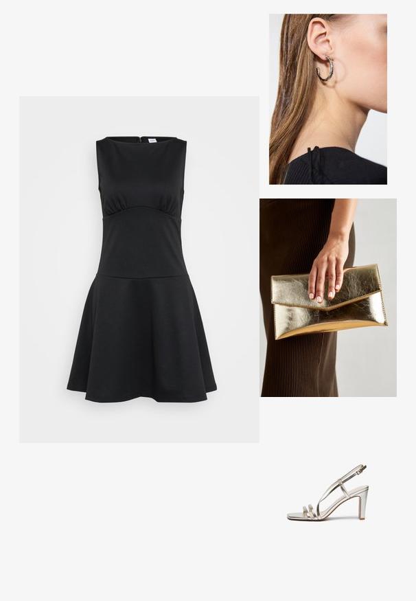 Juodas sportinis suknelė iš tamprios medžiagos, be rankovių dizainas, apvalus iškirpimas, prigludusi liemenė, skraidanti sijonas, užtrauktuko uždarymas gale.; Metallic sidabriniai aukštakulniai sandalai su atvira nosimi, turintys tris plonas dirželius per pėdą ir kulkšnies dirželį su sagtimi.; Auksinės metalinės rankinės su lygiu paviršiumi, kuri turi trikampio formos užsegimą. Ranką laikančioji turi tvarkingai prižiūrėtus nagus.; Sidabrinė lankinė auskarai su poliruotu paviršiumi, turintys mažus auksinius akcentus ir apvalią formą, dėvimi ant ausies kaušelio.