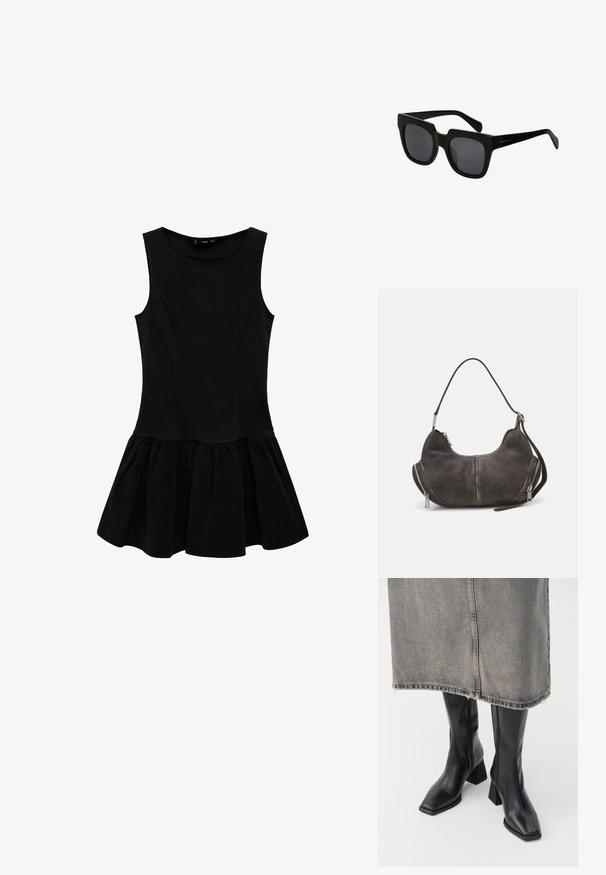 Rochie neagră fără mâneci, cu un bust ajustat și o fustă evazată plisată. Fabricată dintr-un material moale, cu un decolteu rotund și fără embellismente.; Cizme negre până la genunchi din piele netedă, cu vârf pătrat și toc bloc. Purtate cu o fustă din denim gri, cu margine desfăcută.; Ochelari de soare negri, cu lentile rectangulare și rame groase din plastic. Brațele sunt elegante, cu un finisaj lucios și un branding minim.; Geantă hobo din suede gri închis, cu formă curbată, mână de prindere superioară și fermoare laterale cu mânere metalice. Textură netedă și detalii de cusături vizibile.