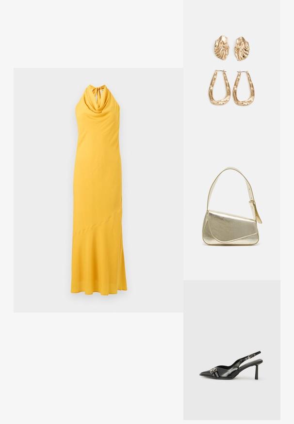 Žluté šaty bez rukávů s volně splývajícím výstřihem, úzkým siluetem a jemně asymetrickým lemem. Vyrobeno z jemné, hladké látky.; Černá lakovaná slingback obuv s špičatou špičkou, kotníkovými pásky s kovovými sponami a příslušenstvím, a štíhlým podpatkem.; Zlatá metalická kabelka se strukturovaným designem, hladkým povrchem a nastavitelným popruhem. Disponuje unikátním trojúhelníkovým tvarem a minimalistickým prošitím.; Náušnice ve zlatém tónu s texturovanými, vlnitými tvary. Obsahují sochařské klipy a design otevřeného kruhu s kladivkovým povrchem.