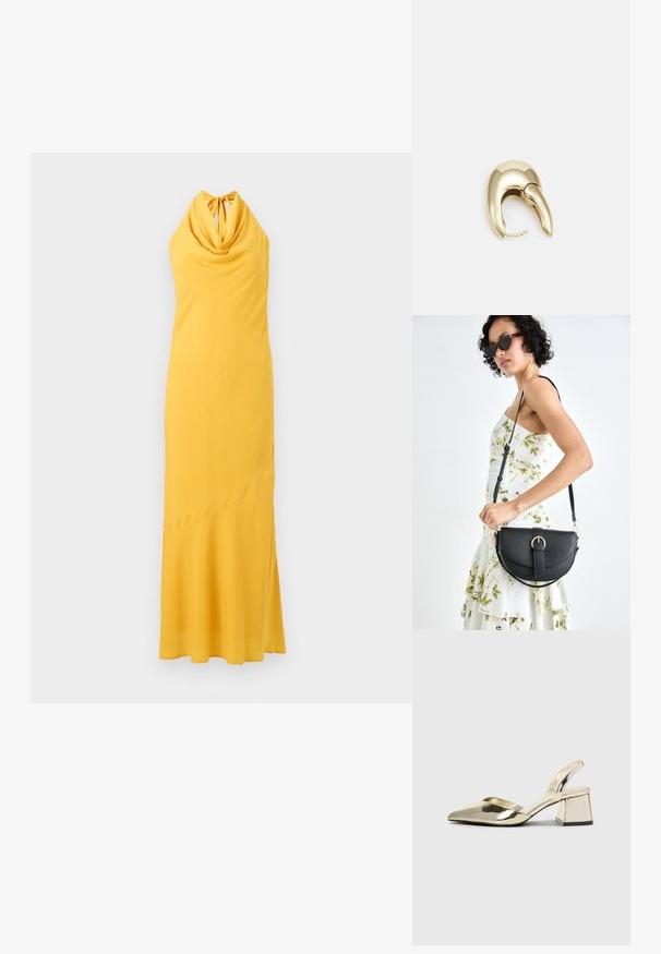 Sárga nyakpántos ruha, drapált, csepp szabású nyakkivágással, letisztult sziluettel és finom aszimmetrikus himlővel. Puha, sima anyagból készült.; Arany, fémből készült slingback sarkú cipők hegyes orral és vastag sarokkal. Simaság, minimalista design és keskeny pánt jellemzi.; Fekete bőrtáska ívelt formával, levehető pánttal és arany színű fémrészekkel. A táskán egy csattal díszített fedél található.; Aranyszínű fém fülbevaló, elegáns, ívelt formával. Különleges hegyes alak, fényes felszín és zsanéros záródás jellemzi.