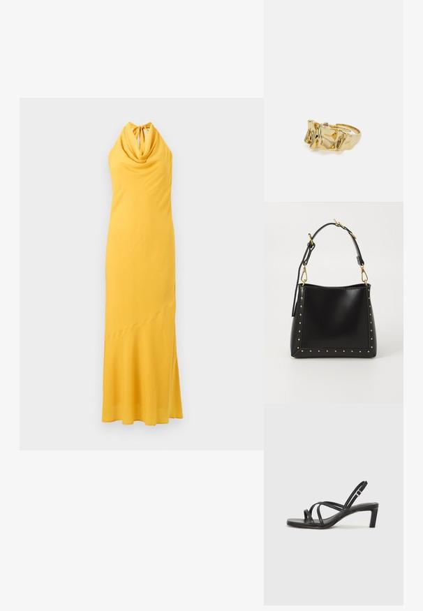 Gul halterneckklänning med draperad cowl-halsringning, strömlinjeformad silhuett och subtil asymmetrisk fåll. Tillverkad av mjukt, slätt material.; Svart sandaler med remmar och fyrkantig tå samt låg blockklack. Har flera tunna remmar och en justerbar ankelrem. Tillverkad av mjukt läder.; Svart läderhandväska med en strukturerad form, prydd med gyllene nitar längs kanterna och en avtagbar rem med gyllene detaljer.; Guldring med texturerad, vågig design som har tre framträdande toppar. Slät, glänsande yta med en öppen band för justerbar passform.