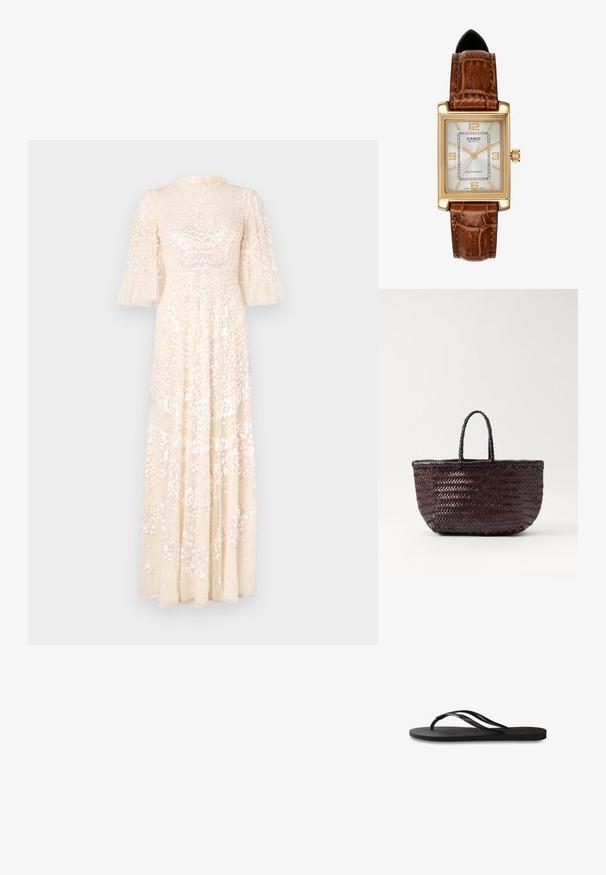 Lång krämfärgad klänning med puffärmar, med en texturerad byst och intrikata pärldetaljer genom hela klänningen. Flödande tyg, elegant design.; Svart flip-flop med en texturerad gummisula, två slanka remmar och en subtil, präglad logodetalj på remmen.; DRAGON DIFFUSION BAMBOO TRIPLE JUMP SMALL - Handväska - dark brown; Casio kvartsur med en rektangulär guldtonad boett, vit urtavla, guldiga timmarkörer och ett brunt läderarmband med krokodilsmönster. Vattentålig.