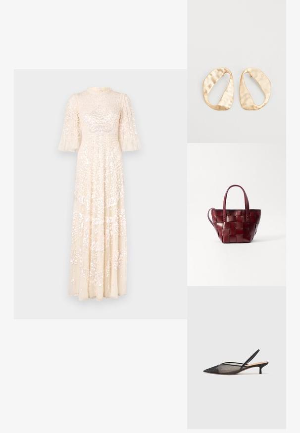 Robe longue crème avec des manches bouffantes, présentant un corsage texturé et des détails en perles complexes tout au long. Tissu fluide, design élégant.; NEOUS IRENA - Escarpins - black; Sac fourre-tout en cuir bordeaux tressé avec deux poignées courtes et une bandoulière amovible. Présente une forme structurée et une texture lisse.; Une paire de boucles d'oreilles en métal doré, de forme ovales irrégulières, avec une surface texturée et légèrement martelée sur fond blanc.