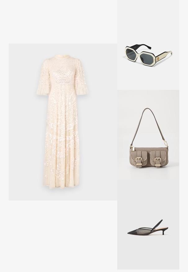 Robe longue crème avec des manches bouffantes, présentant un corsage texturé et des détails en perles complexes tout au long. Tissu fluide, design élégant.; NEOUS IRENA - Escarpins - black; Lunettes de soleil avec une monture octogonale blanche, des bords noirs et des verres gris. Un détail de logo doré sur le côté ajoute une touche distinctive.; Sac à main beige texturé avec une bandoulière réglable, deux poches avant fermées par des boucles, et des accents en doré. Fermeture éclair en haut.