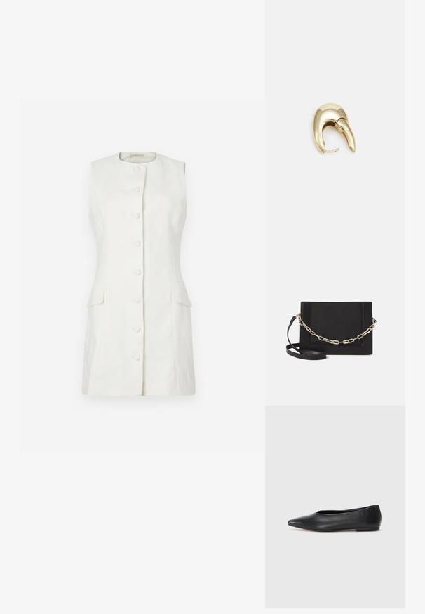 Lin-kjole uten ermer i off-white med rund hals, knappelukking foran og to sidelommer; glatt tekstur og strukturert form.; Sorte lærballerina med spiss tå, minimalistisk design, glatt tekstur, lav hæl uten synlig metall eller dekorasjoner.; Svart lær crossbody-veske med glatt tekstur, rektangulær form og metallkjede detaljer på framsiden. Justerbar stroppe inkludert.; Gullfarget metalløredobber med et elegant, buet design. Har en karakteristisk spiss form, polert overflate og hengsel-lukking.