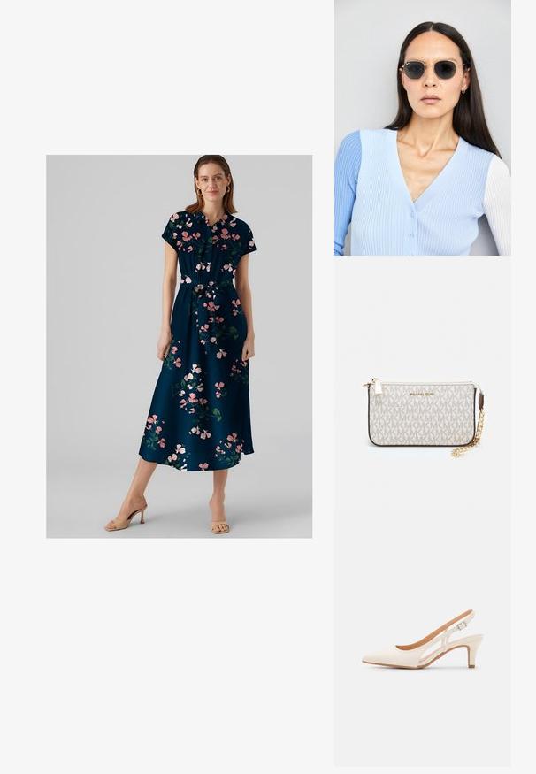Φλοράλ μέγιστο φόρεμα σε ναυτικό μπλε με κοντά μανίκια και δέσιμο στη μέση. Διαθέτει ροζ λουλουδάτα μοτίβα και ρευστή σιλουέτα.; Λευκή γόβα slingback με μυτερή μύτη, λείο υλικό επάνω, χαμηλό τετράγωνο τακούνι και σχέδιο με κοπή στο πλάι με ρυθμιζόμενο λουρί κουμπώματος.; Στρογγυλά γυαλιά ηλίου με σκούρους φακούς και χρυσά σκελετό. Το μοντέλο φοράει ένα ανοιχτό μπλε, ριχτό cardigan με κουμπιά και αντίθετους λευκούς μανίκες.; Πορτοφόλι Michael Kors σε μπεζ επεξεργασμένο καμβά με επαναλαμβανόμενο μοτίβο λογοτύπου MK, χρυσές λεπτομέρειες και αποσπώμενη αλυσίδα.