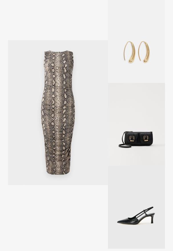 Mouwloze, getailleerde jurk in een slangenhuidpatroon. Bevat beige en zwarte tinten, een gladde textuur en een boven de knie vallende zoom.; Zwart patent slingback hak met een spitse neus, voorzien van een gestructureerde slangenprint, verstelbare band en een korte, gestructureerde blokhak.; Zwarte leren schoudertas met twee vo pockets, gouden gespen, ritsluiting en een smalle band. Tekstuur oppervlak en compacte rechthoekige vorm.; Gouden metalen oorbellen in de vorm van een gebogen, verlengde hoop. Kenmerkend zijn het gladde, glanzende oppervlak en de afgeronde punt voor extra detail.